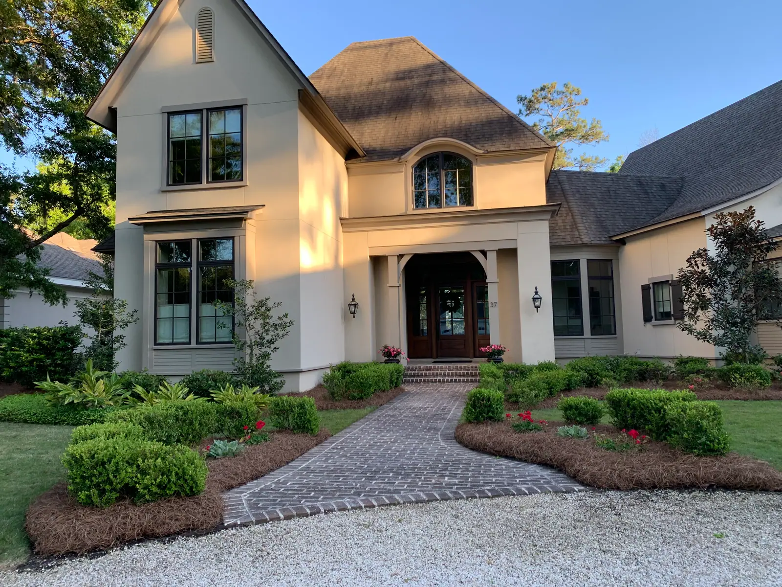 Residential front yard refreshed with pinestraw